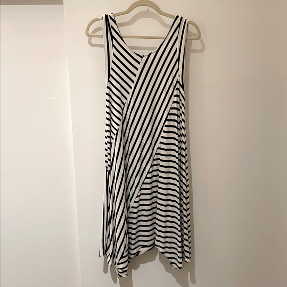 Black & white stripe asymmetrical hem jersey dress